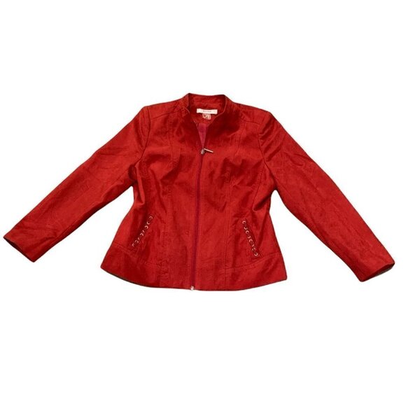 TanJay Faux Suede Red Moto-Style Jacket Sz 6P Lace-up Detail Pockets #215F - Picture 1 of 9